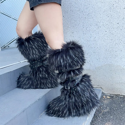 Faux Fur Knee-High Boot Round Toe Height Increasing Wild Winter Warmer Belt Buckle Slip-On Fashion Luxury Sexy Women Shoe Newest