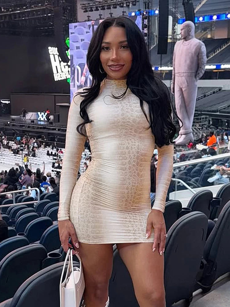 Weird Puss Hottie Snake Pattern Dress Women Winter Trend Full Sleeve Sexy Street Midnight Activity Stretch Skinny Mini Bodycon