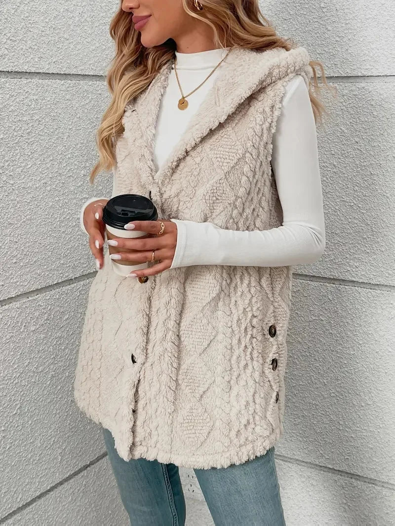 VigoCasey 2025 Casual Sleeveless Thick Vest Coat Woman Solid Hooded Warm Plush Waistcoat Lady Autumn Winter Apricot Vest Jacket
