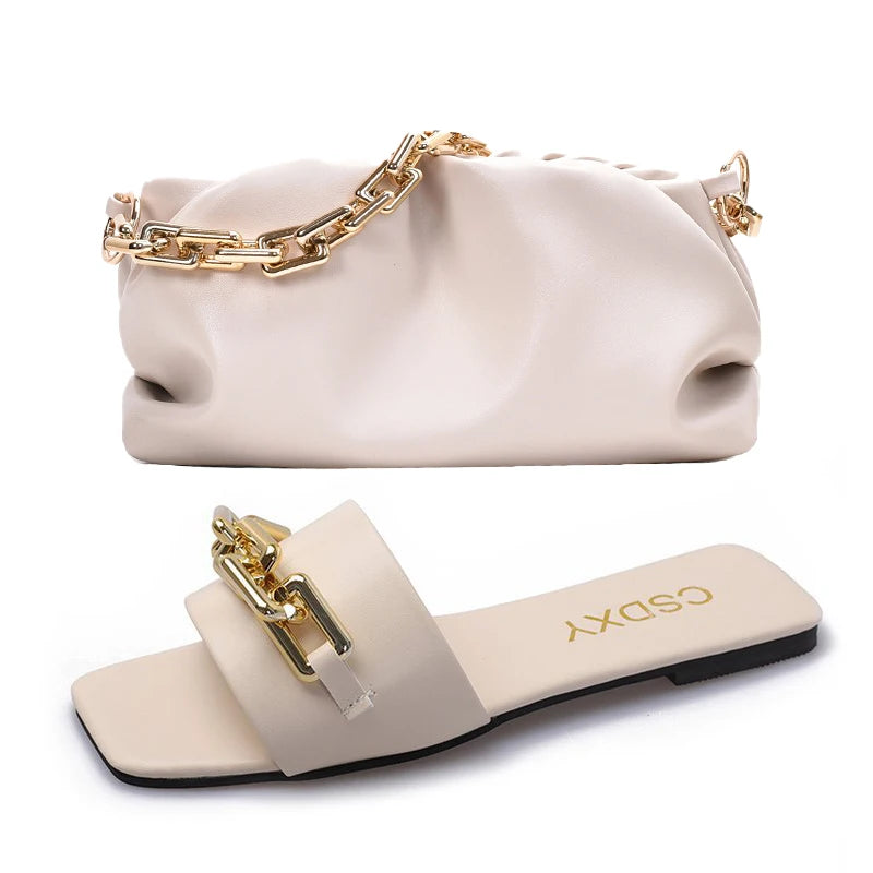 High Quality Purse And Handbag PU Leather Purses And Chain Sandals Sets Flat Shoes And Bag Set Matching Handbag For Women Luxury