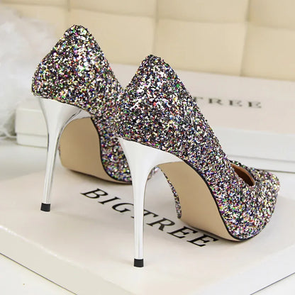Women Luxury Bling Red  Blue Valentine Party Scarpins Pumps Lady Glitter Sequins 7cm 9.5cm High Heels Designer Shoes Plus Size