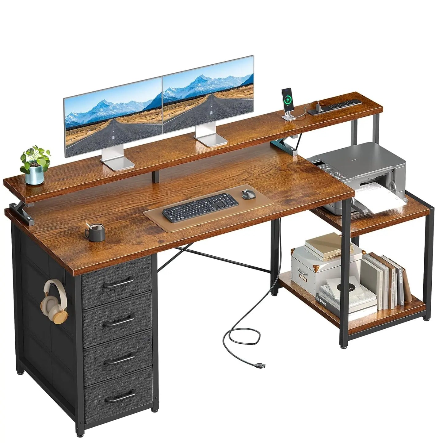 55 Inch Computer Desk with 4 Drawers, Office Desk with Power Outlets, Printer Shelf & Storage Shelves, Large, Customized