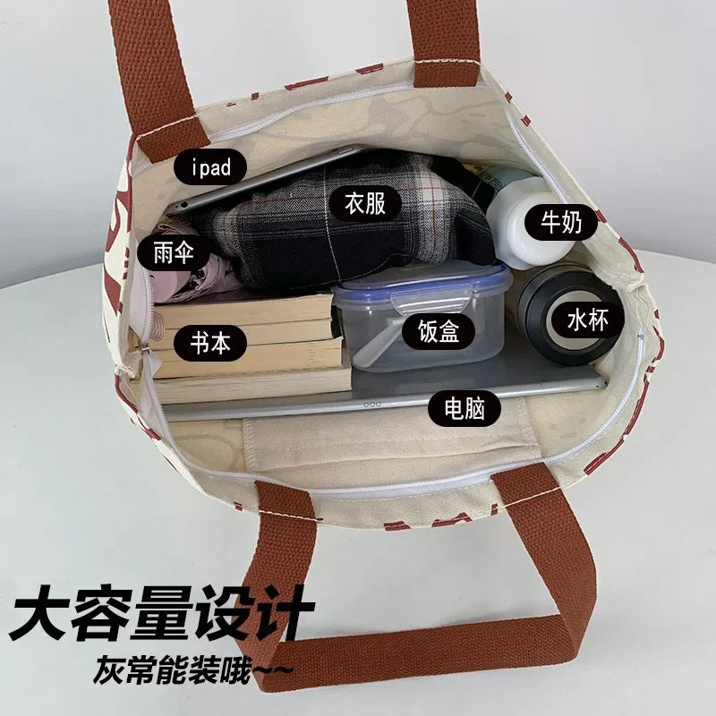 Canvas Bag Womens Handbag Shopping Bag Cute Cat Zipper Handbag Designer Bag Japanese Style Cartoon Small Shoulder Bag