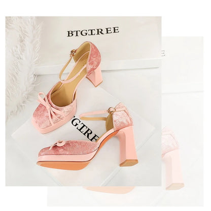 Velvet Platform Ankle Strap High Heels With Bow Block Heel Party Prom Evening Formal Comfortable Thick Heel Closed Toe Sandals