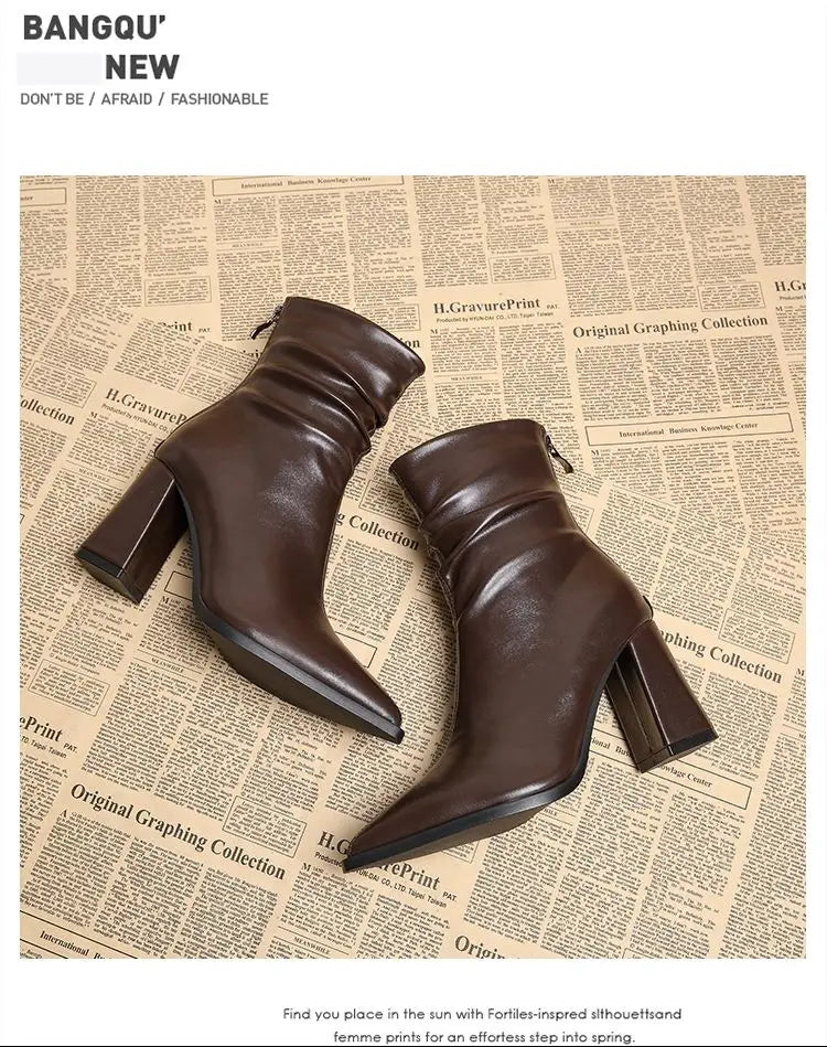 Autumn Womnen's High Heel Ankle Boots New Winter Plus Velvet Pointed Toe Chunky Heel Chelsea Boots for Women Heeled Sheos Dress