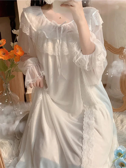 Women Ruffles Vintage Nightgowns Lolita Princess Sleepwear White Lace Mesh Fairy Night Dress Victorian Nightdress Loungewear