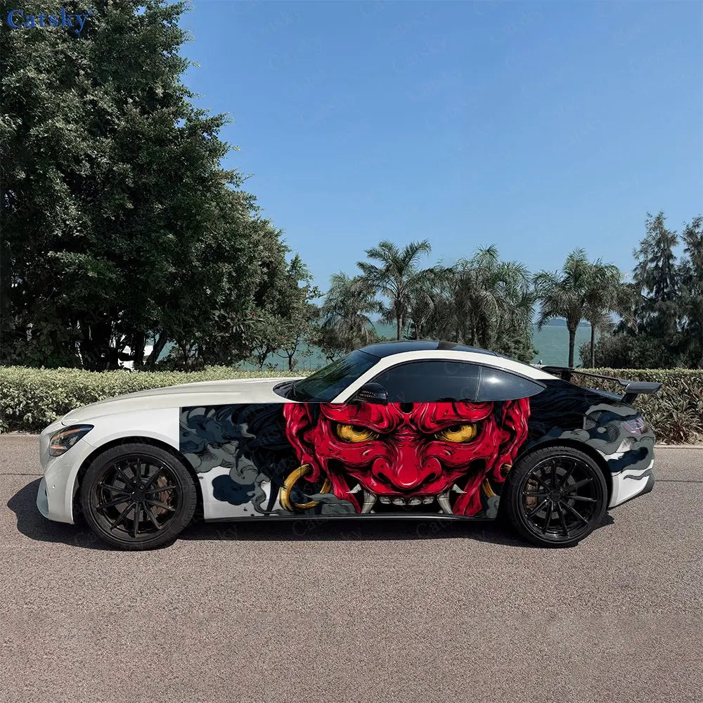 2pcs Golden-Eyed Red Oni Hannya Car Side Wraps, Self-Adhesive PVC Waterproof & Scratch-Resistant Stickers, Car Accessory Gift