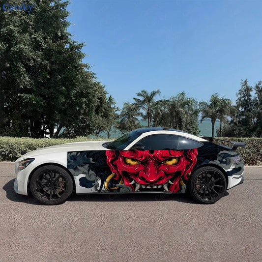 2pcs Golden-Eyed Red Oni Hannya Car Side Wraps, Self-Adhesive PVC Waterproof & Scratch-Resistant Stickers, Car Accessory Gift