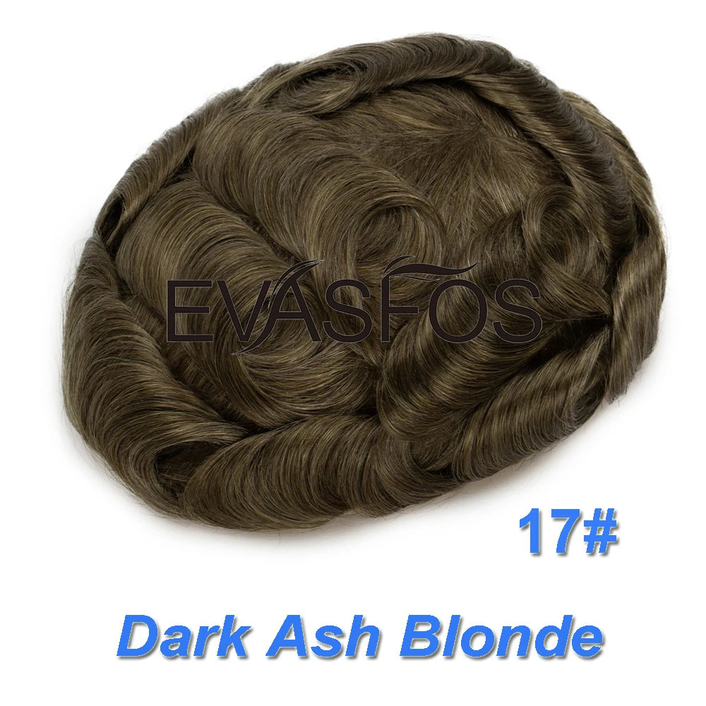 EVASFOS 0.02-0.04mm Super Thin Skin Men's Toupee Natural European Human Hair Male Wig Prosthesis Hair System For Men