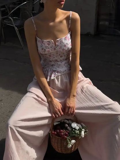 Pink Printed Women's Dress Fashion Wide Shoulder Straps And Pleated Hem Cinched Waist Vestido 2026 Lady Party Vacation Gowns