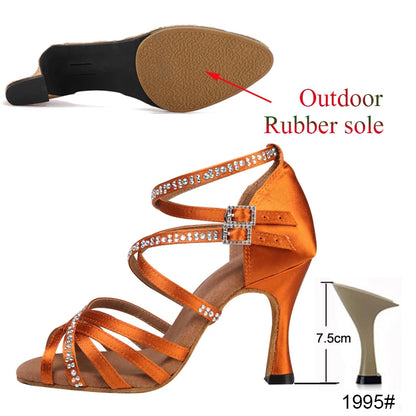 New Latin Dance Shoes Salsa Tango Ballroom Party Women's Shoes High Heeled Rhinestones Bronze Blue Girls Summer Sandals Outdoor