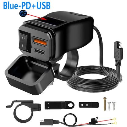 PD+QC3.0 Motorcycle USB Fast Charger 60W Handlebar Dual USB Socket with Switch Voltmeter Waterproof 12V Power Supply Adapter