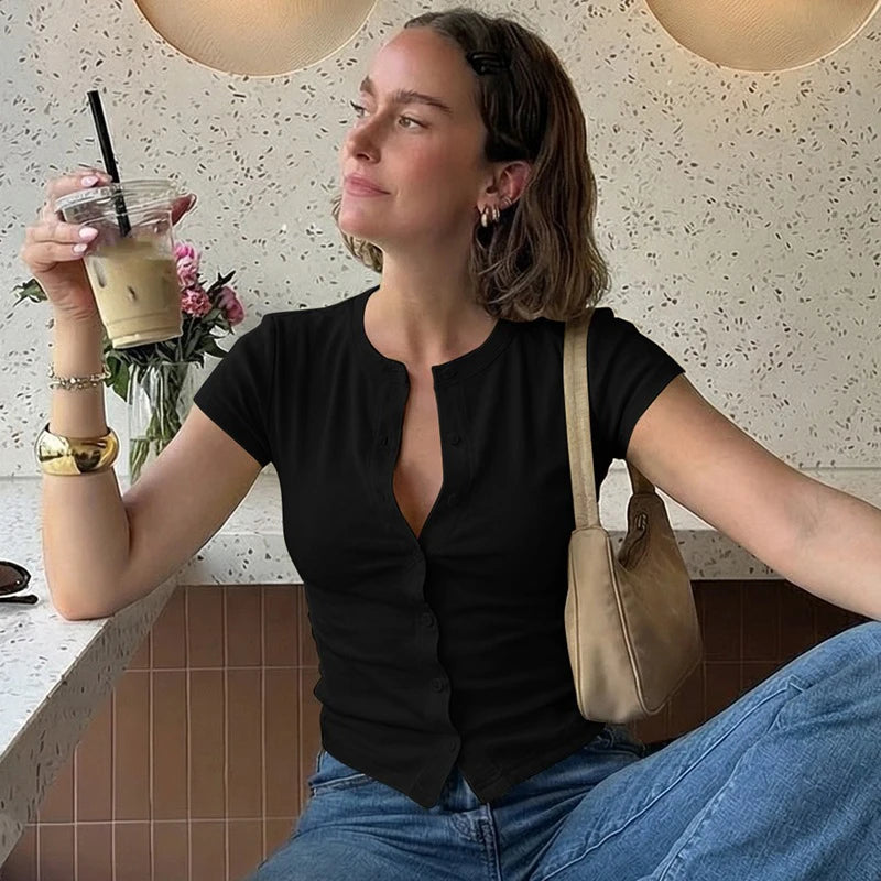 Stand Collar Button Hollow Out T-shirt Women Sexy Solid Short Sleeves Slim Fit Cropped Shirts 2026 Lady Daily Street Outwear New