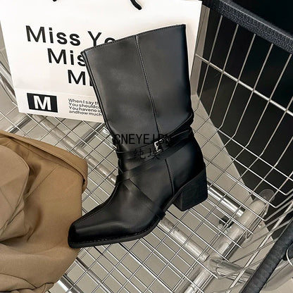 New Women Square Toe Cross Strap Buckle Knee High Boots Leather Chunky Heel Vintage Tall Boots Ladies Daily Commute Botas Mujer