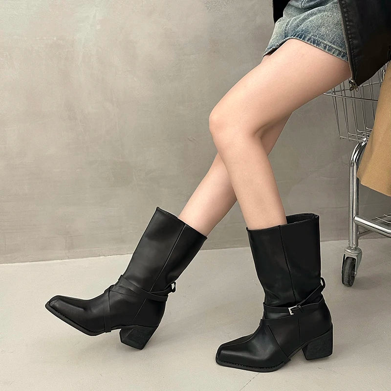 New Women Square Toe Cross Strap Buckle Knee High Boots Leather Chunky Heel Vintage Tall Boots Ladies Daily Commute Botas Mujer