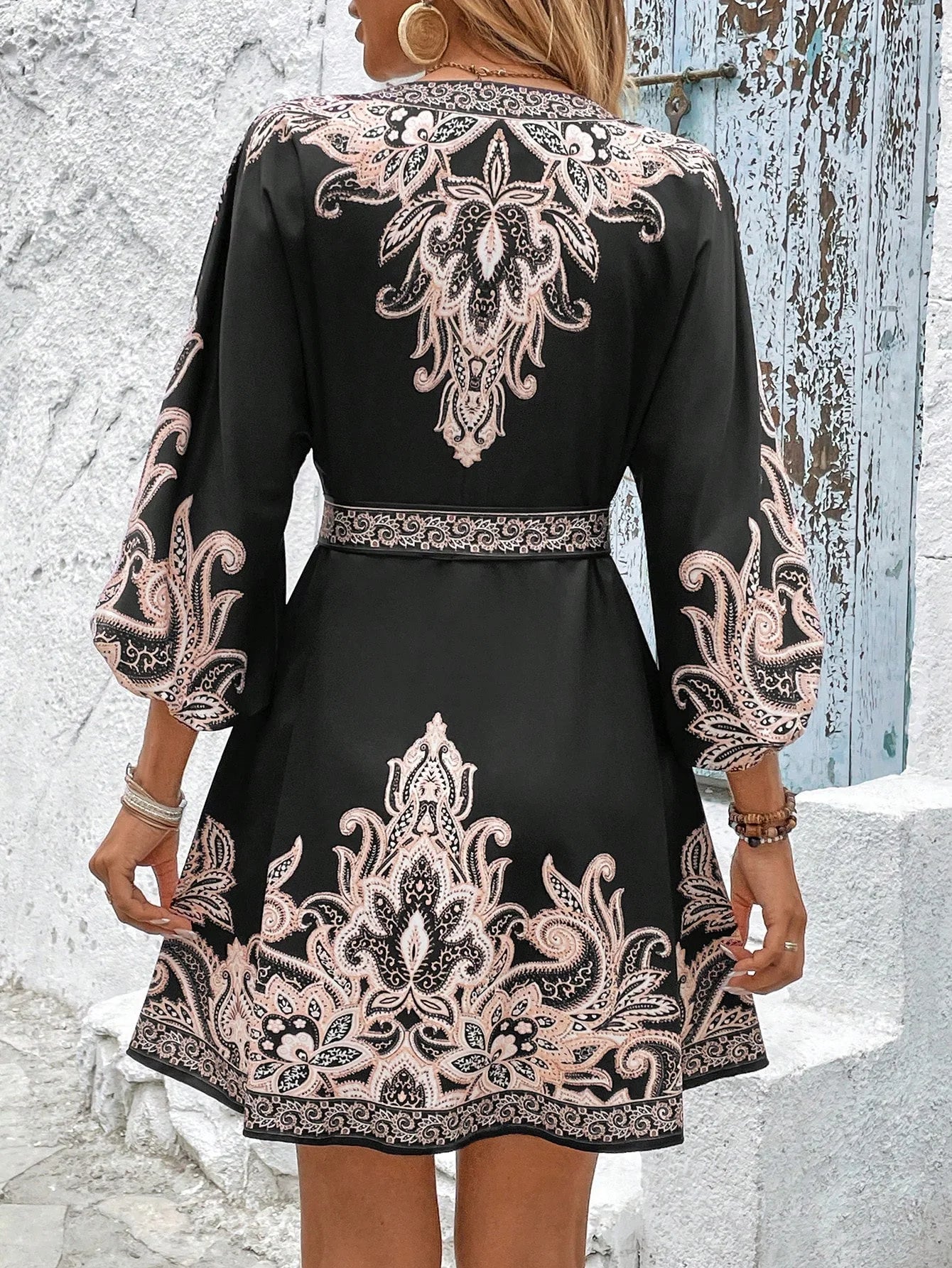 Elegant Women's Retro Printed V Neck Lantern Sleeve Dress Spring Summer Fashion Cinched Waist Lace-up Female Vacation Shortskirt