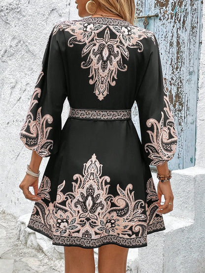 Elegant Women's Retro Printed V Neck Lantern Sleeve Dress Spring Summer Fashion Cinched Waist Lace-up Female Vacation Shortskirt