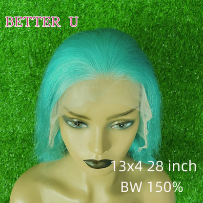 Blue 13X6 HD Clear Lace Front Human Hair Wig Pre-Plucking Baby Green Lace Front Wig Teal 13x4 HD  Lace Front Women's Wig