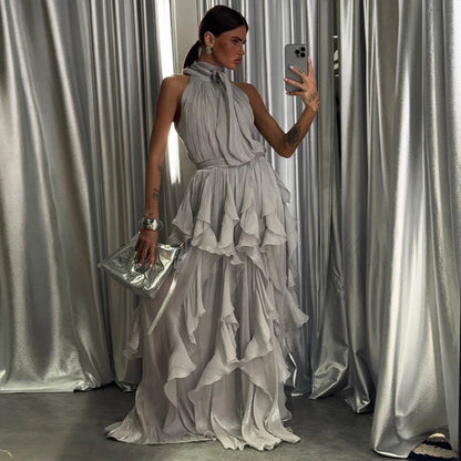 Sexy Cascading Ruffle Pleated Women Long Dress Fashion Lace Up Sleeveless Empire Female Dresses 2026 Spring Summer Lady Robe New