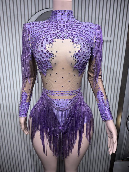 Rhinestones Women DanceCostume Fringes One Shoulder Bodysuit  Sexy Skinny Leotard Singer Dancer Show StageWear Sparkly Blue
