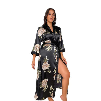 Plus Size Women's Satin Like Nightgown Fashion Long Maxi Sleep Dress100kg Floral Print Loose Fit Robe for Curvy Girls Loungewear