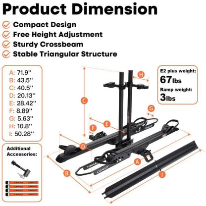 CyberRack E2 Plus EBike Rack with Ramp, 3Positions Foldable, 200 lbs Capacity Heavy Bike Rack Carrier for 2 E-Bike