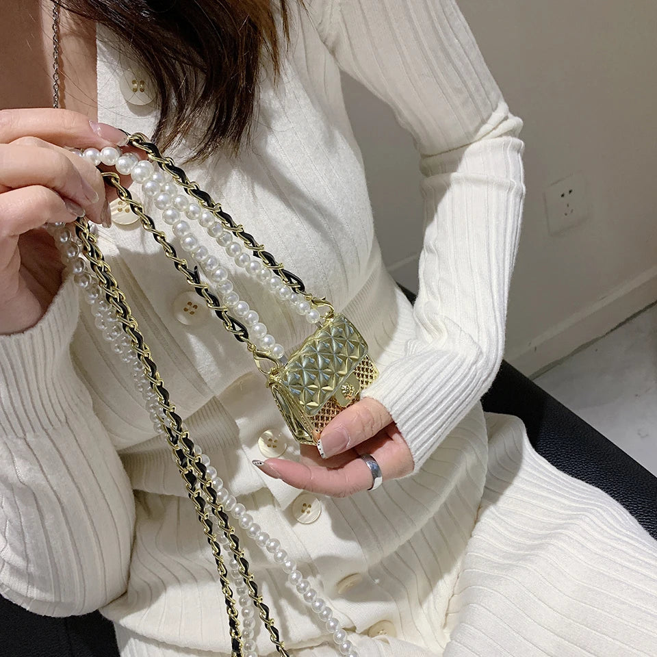 Mini dinner bags for women fashionable metal small box bag designer pearl chain shoulder bag clothing accessories crossbody bag