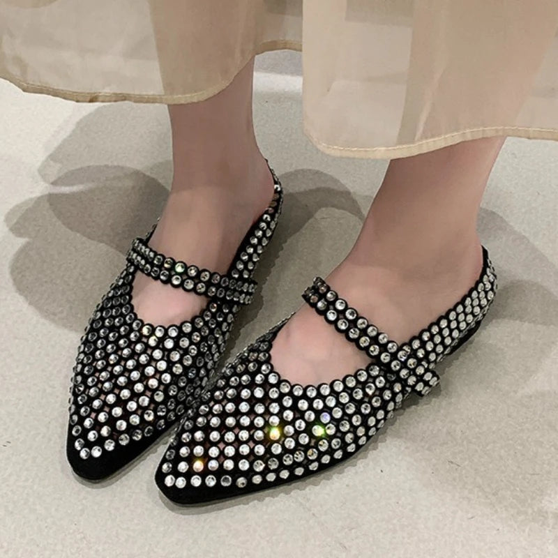 Crystal Women's Pointed Toe Slippers Luxury Flats Sandals Casual Mules Shoes Cozy New Trend Slides Fashion Dress Mujer Zapatos