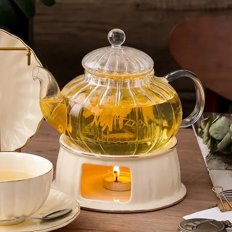 British Handle Ceramic Glass Teapot With Candle Heating Base Set European Porcelain Coffee Pot Afternoon Tea Home Decoration