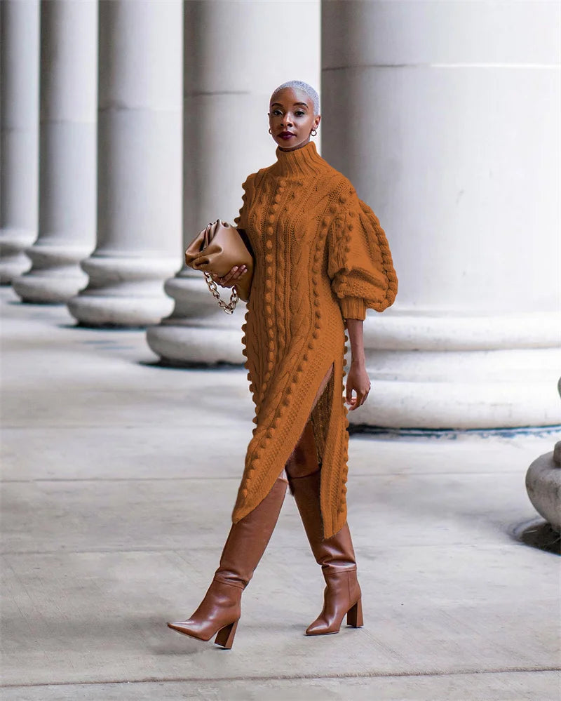 Streetwear Turtleneck Sweater Dress Women Autumn Winter Long Sleeve Elegant Ribbed Knitted Stretchy Warm Party Club Midi Dresses