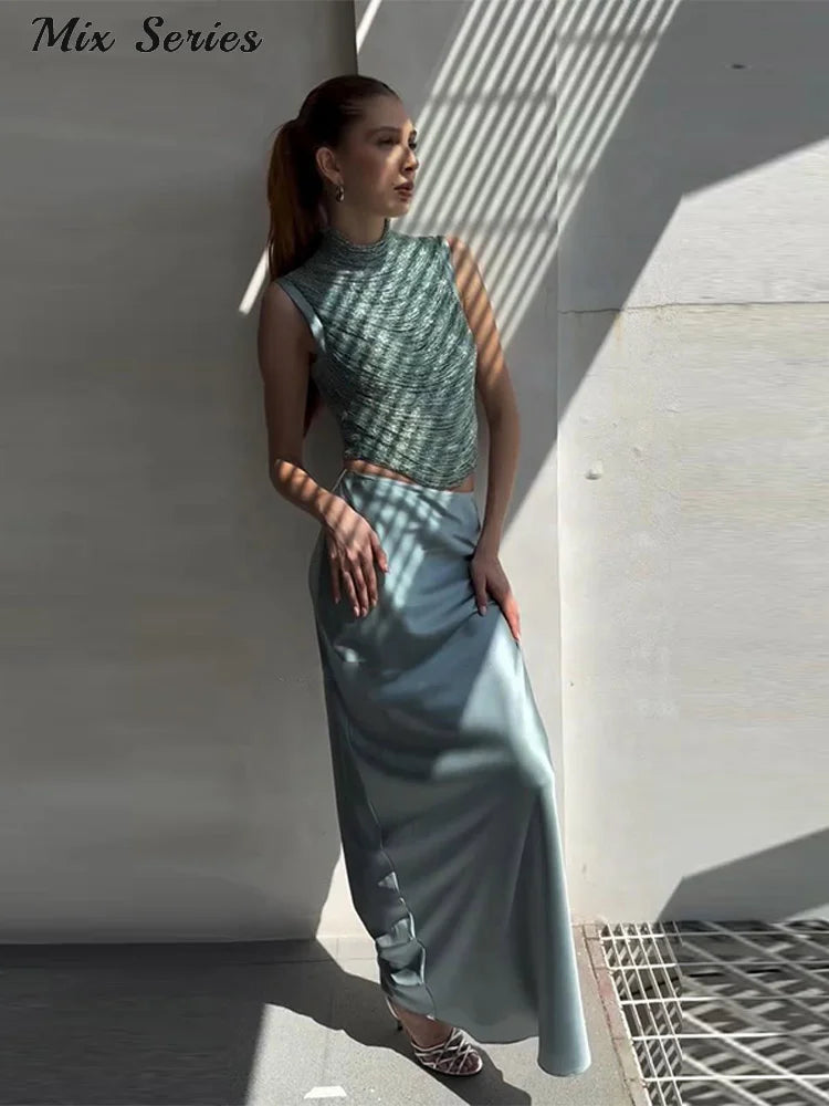 Elegant Tassel Crop Tops Satin Mermaid Skirt Sets Women Sleeveless Slim O-neck Vest Hip Package Skirts 2026 Summer Party Outfit