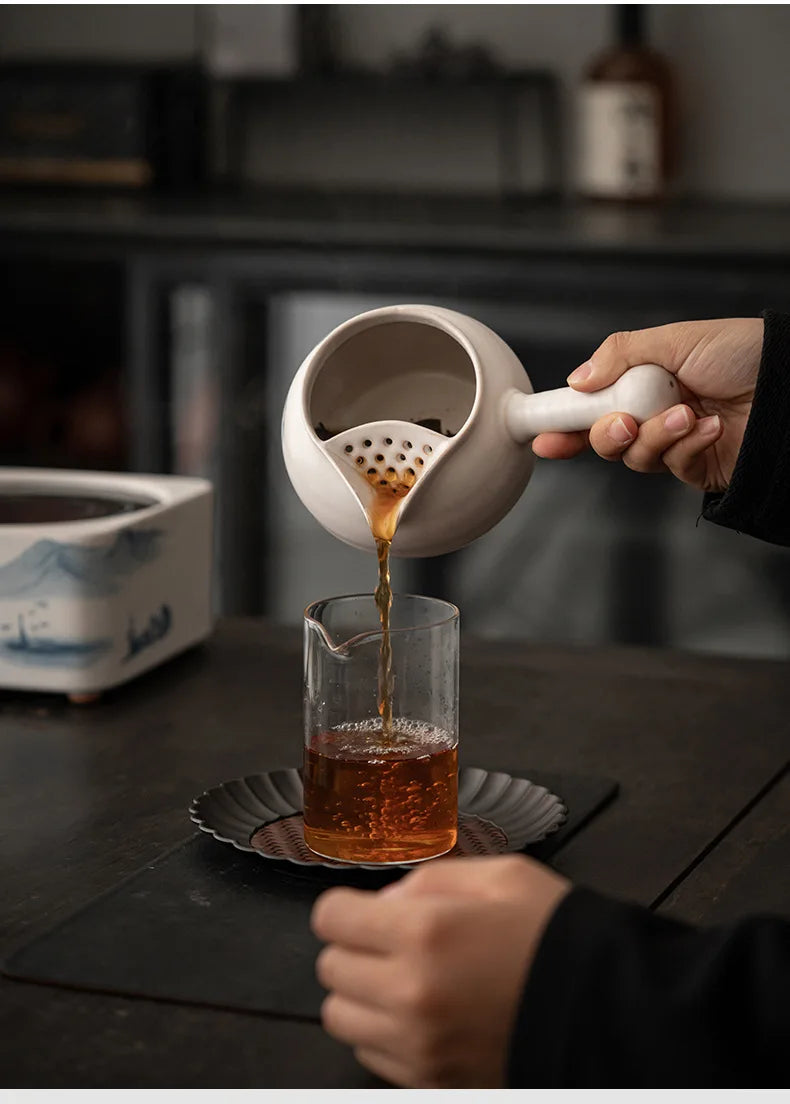 Retro Soda Glaze Ceramic Teapot Hand-painted Landscape Lifting Beam Pot Boiling Water Side Handle Kettle For Electric Stove