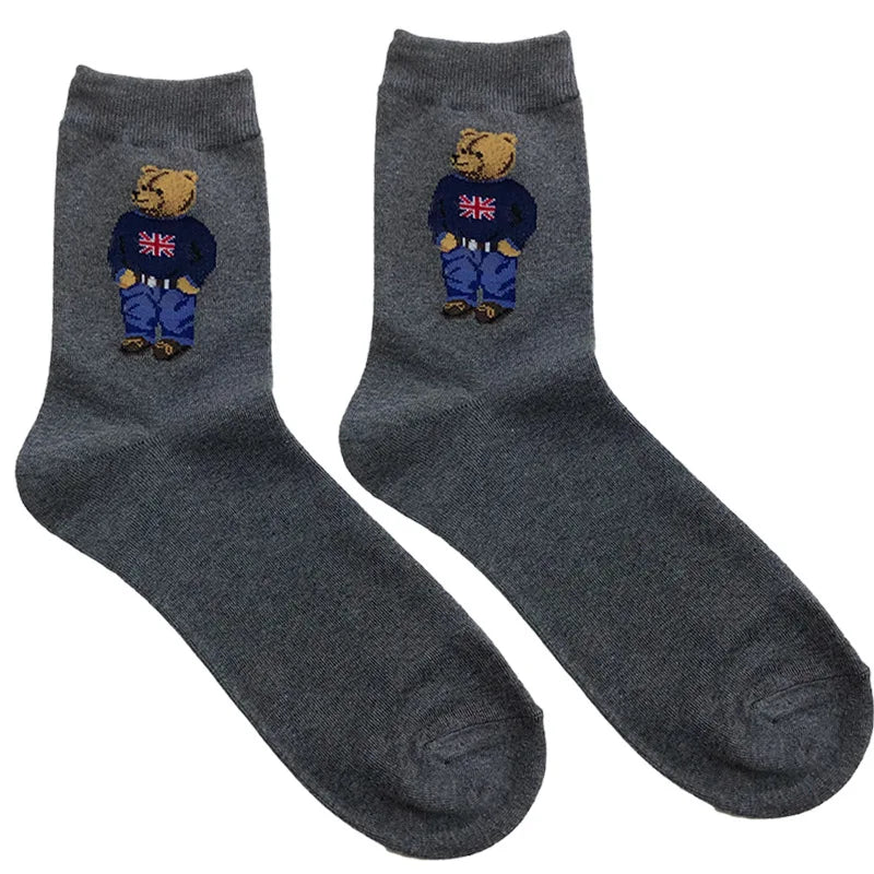 Polo Socks Men Gentleman Cotton Socks Bear Cartoon Bussiness Harajuku Skateboard Novelty Breathable Sox Designer Socks Size46-39