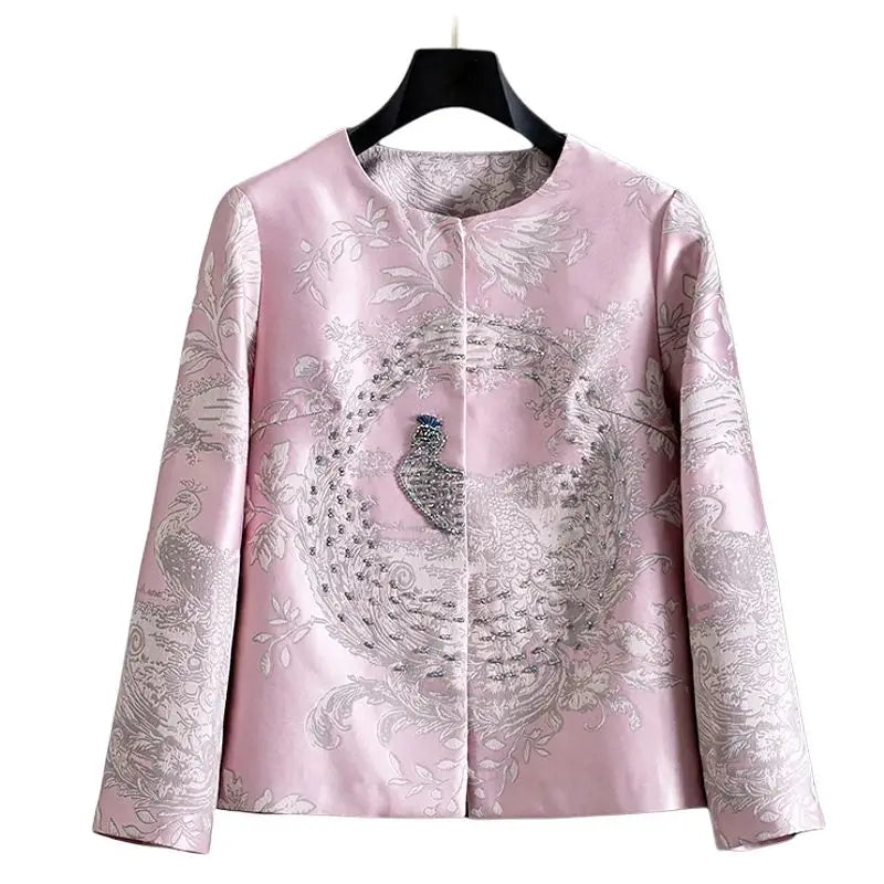 Luxury Beaded Pink Chinese Style Women's Top 2025 Loose Shoulder Embroidery Jacquard Elegant Fashion Blouse Outerwear