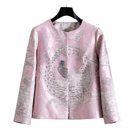 Luxury Beaded Pink Chinese Style Women's Top 2025 Loose Shoulder Embroidery Jacquard Elegant Fashion Blouse Outerwear