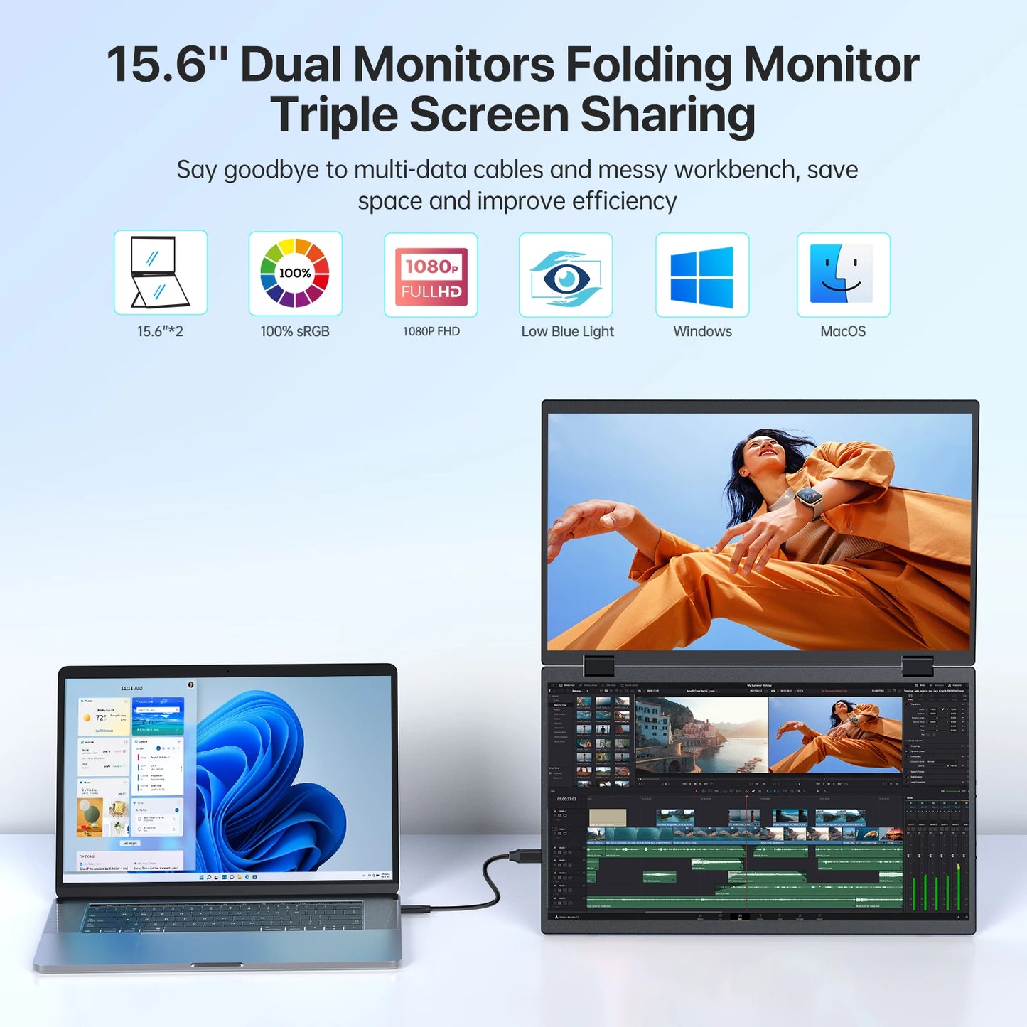 UPERFECT 15.6' Stacked Foldable Dual Monitor FHD 100% SRGB Laptop Screen Extender Portable Monitor for Windows Mac OS with Stand