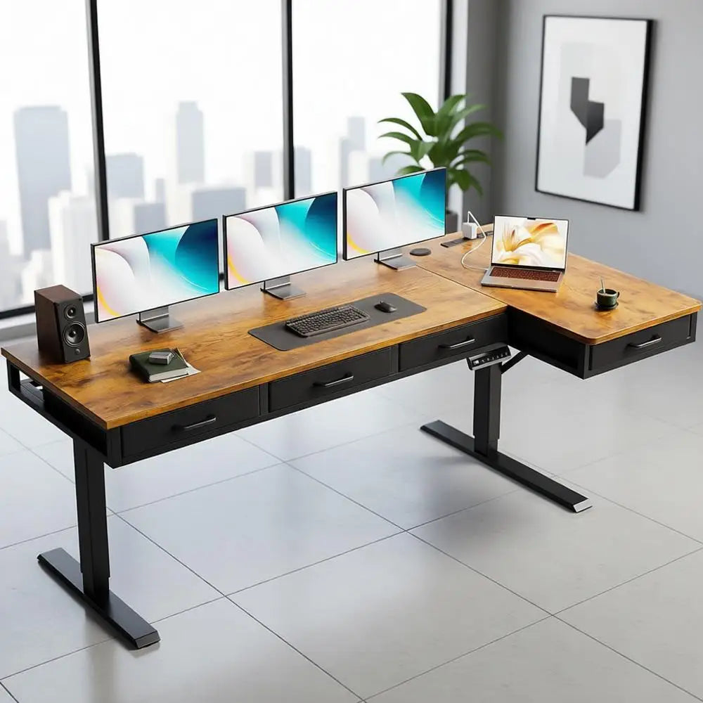 63 L-Shaped Electric Adjustable Desk with Power Outlets, Large Sit-Stand Workstation, Rustic Brown