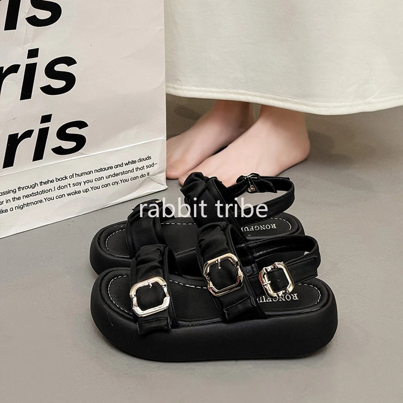Designer's One Word Buckle Thick Bottom Women's Sandals Luxury Women's Shoes Round Head Fish Mouth Shoes Sponge Bottom Sandals