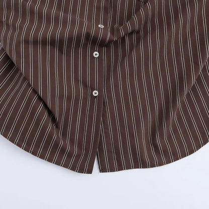 EDSA Women Brown Batwing Stripe Shirt Long Sleeves with Cuffs Patch Pockets Button-up Front for Office Lady Blouse