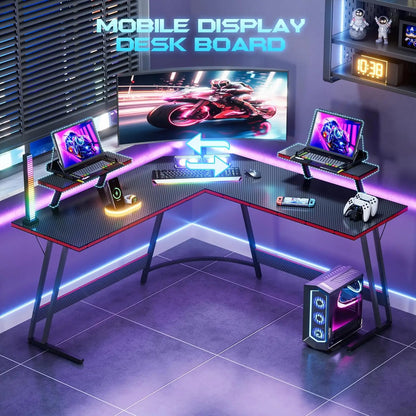 L-Shaped Gaming Desk with Monitor Stand, 51-Inch Corner Computer Table for Home Office, Sturdy Black Workstation