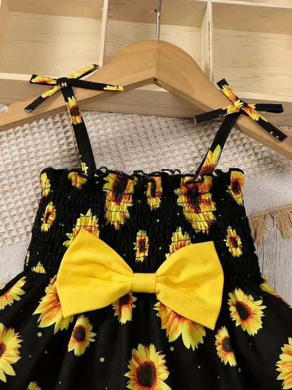 2026 Girls' Leisure New Spring and Summer Sunflower Printed Bow Decoration Strap Loose Comfortable Dress Small Skirt