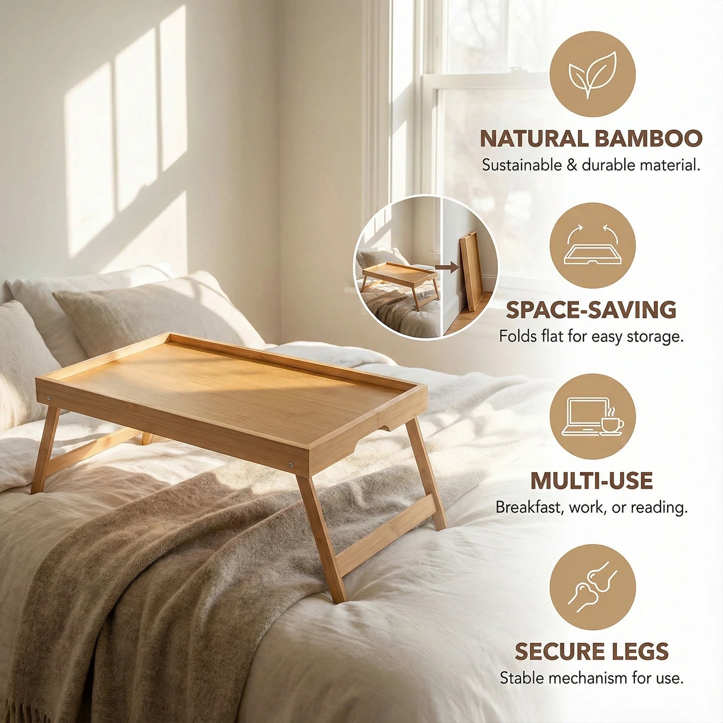 Portable Multifunctional Bamboo Bed Tray Table with Folding Legs Breakfast in Bed Tray for Sofa Serving Eating Working Reading