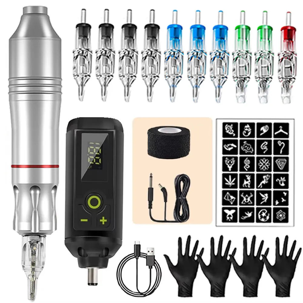 Tattoo Kit Rotary Wireless Tattoo Machine Pen with Tattoo Cartridge Needles Accessories Set Tattoo Design Draw Kit