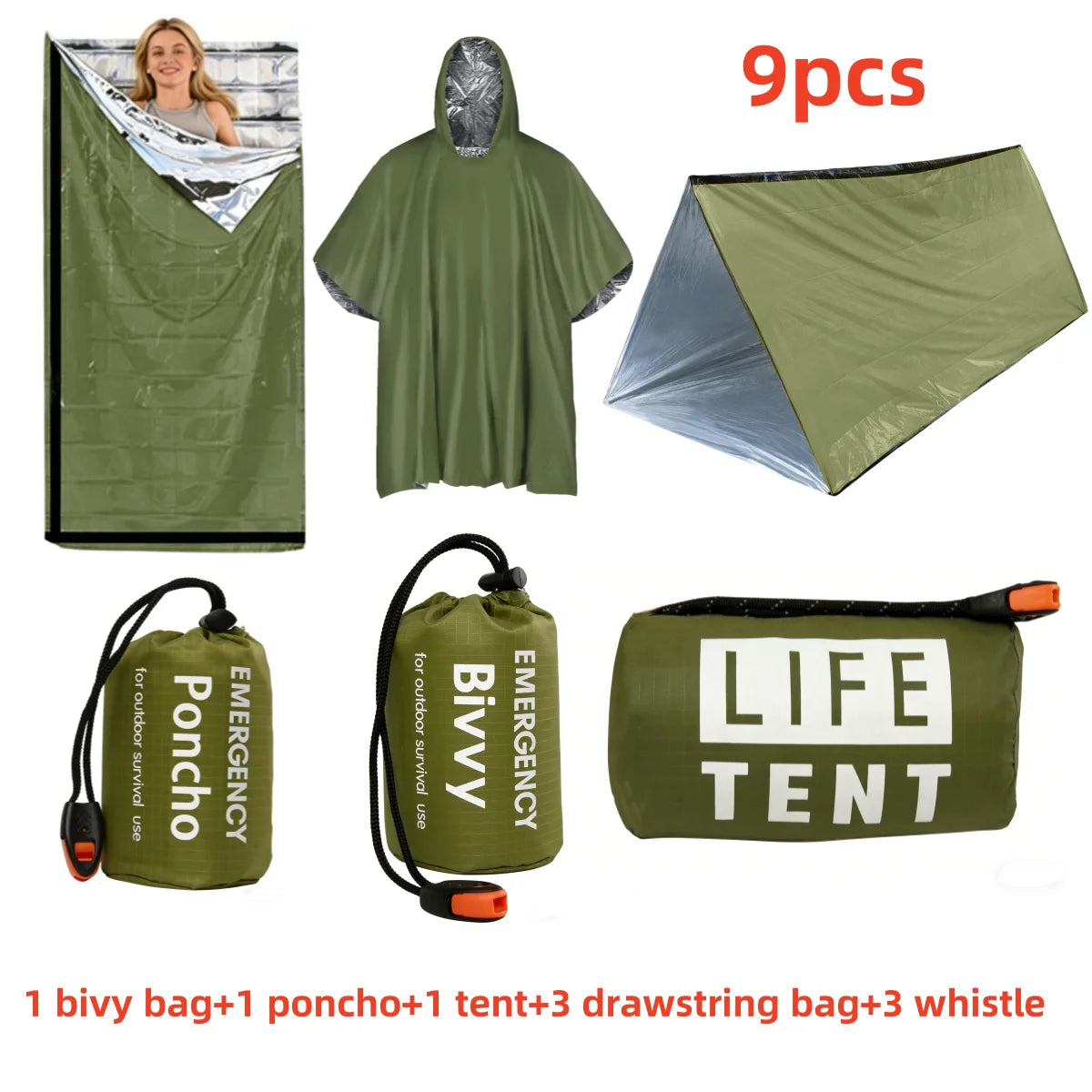 9Pcs Emergency Survival Kit, Thermal Bivvy Bag, Poncho, Tent, Whistles, Camping Gear