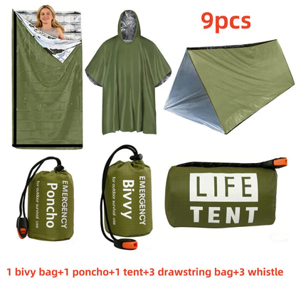 9Pcs Emergency Survival Kit, Thermal Bivvy Bag, Poncho, Tent, Whistles, Camping Gear
