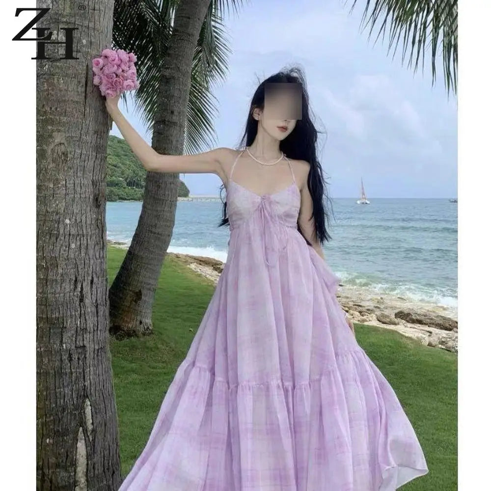 Seaside Vacation Tea Break French Halter Dress Fairy Temperament Long Skirt Backless Bow Tie Flowy Tiered Beach Dresses