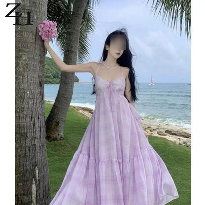 Seaside Vacation Tea Break French Halter Dress Fairy Temperament Long Skirt Backless Bow Tie Flowy Tiered Beach Dresses