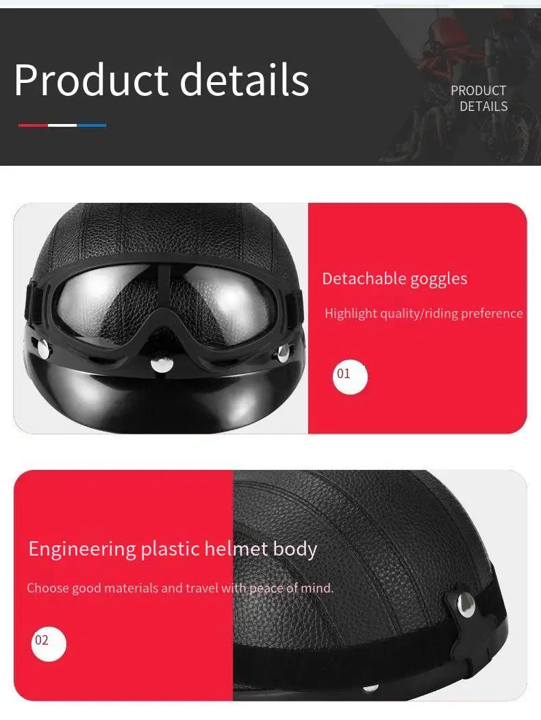 Retro Leather Half Helmet with Ear & Neck Protection - All-Season Cycling Safety Helmet