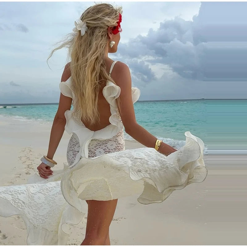 Sexy Hollow Out Lace Maxi Dress Women Spaghetti Strap Ruffles Party Club Robes Backless Side Slit Beach Vacation Lady Dress