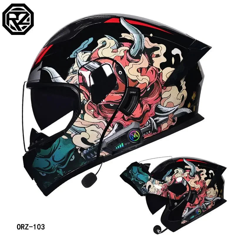 ORZ-103 Motorcycle Dual-Lens Helmet Men Women Bluetooth Full Helmet All Seasons Flip Helmet with Tail Wing DOT Certification